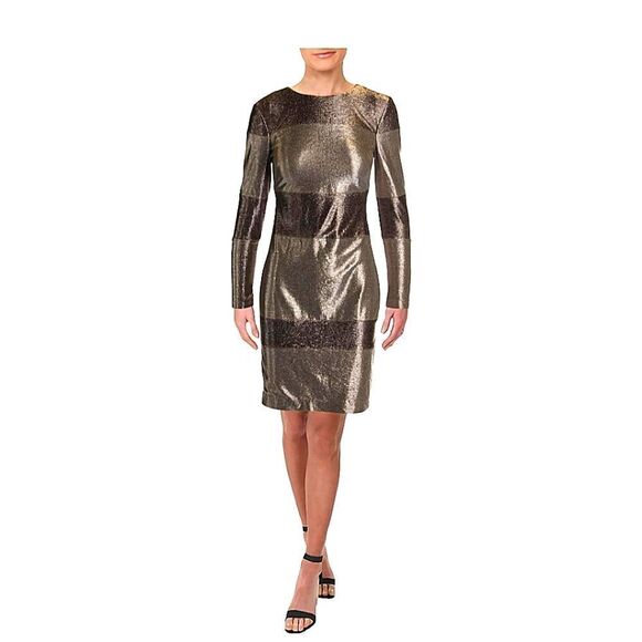 LAUREN RALPH LAUREN Women's Metallic Striped Party Evening Sheath Dress TEDO - Picture 1 of 6